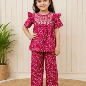 Girls' Vibrant Magenta Floral Printed Lawn 2-Piece Suit