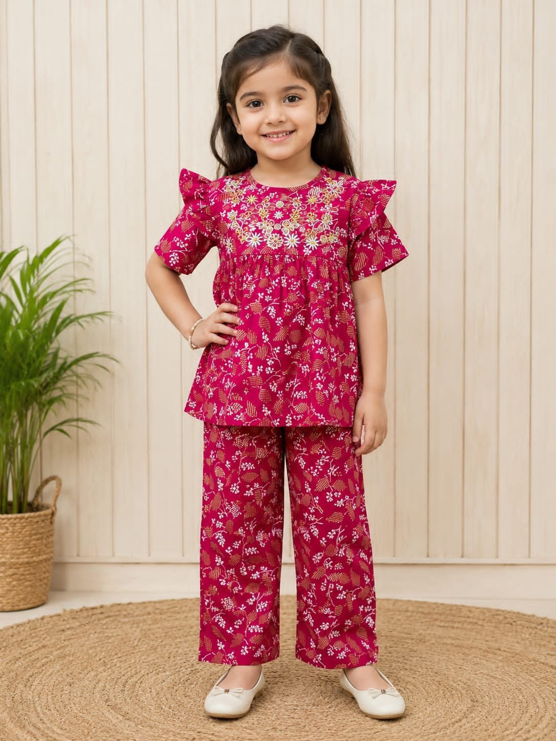 Girls' Vibrant Magenta Floral Printed Lawn 2-Piece Suit